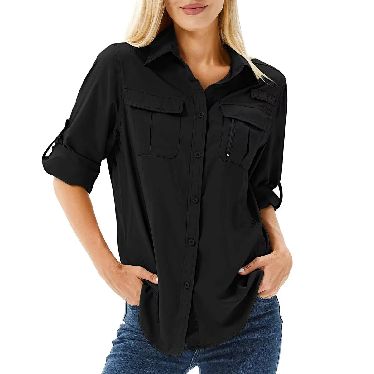 Women's UPF 50 long roll-up sleeve hiking safari shirt with zip pockets – Black