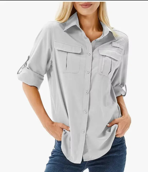 Women's UPF 50 long roll-up sleeve hiking safari shirt with zip pockets – Light Grey