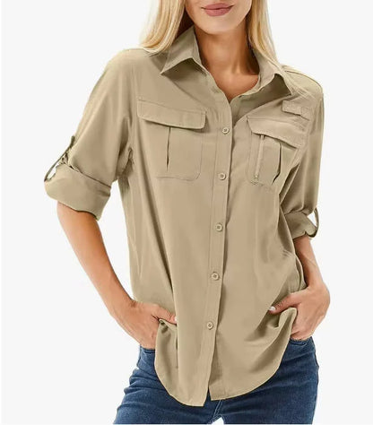 Women's UPF 50 long roll-up sleeve hiking safari shirt with zip pockets – Mud Yellow