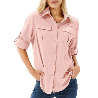 Women's UPF 50 long roll-up sleeve hiking safari shirt with zip pockets – Pink