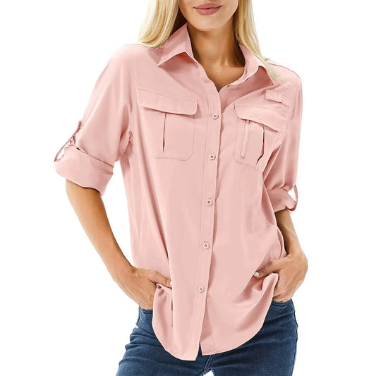 Women's UPF 50 long roll-up sleeve hiking safari shirt with zip pockets – Pink