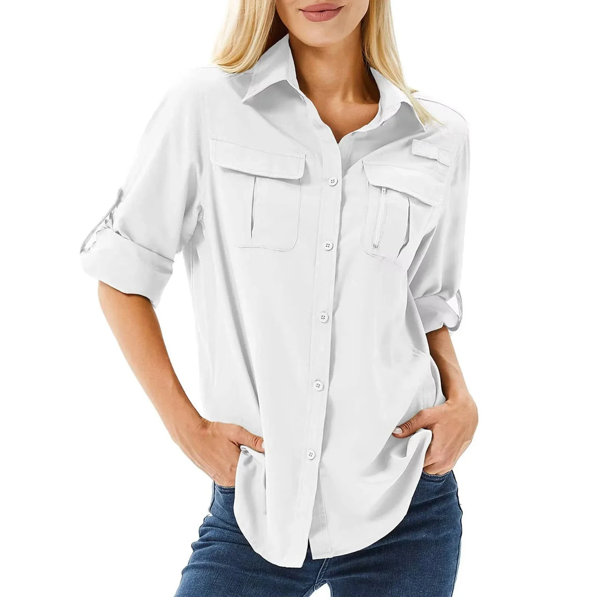 Women's UPF 50 long roll-up sleeve hiking safari shirt with zip pockets – White