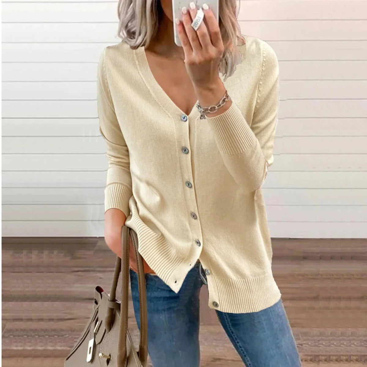 Women's V-neck button-front long sleeve knit cardigan – Beige