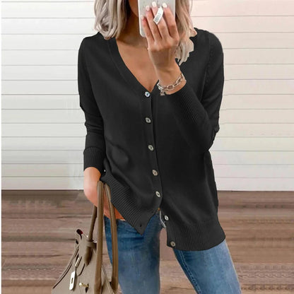 Women's V-neck button-front long sleeve knit cardigan – Black