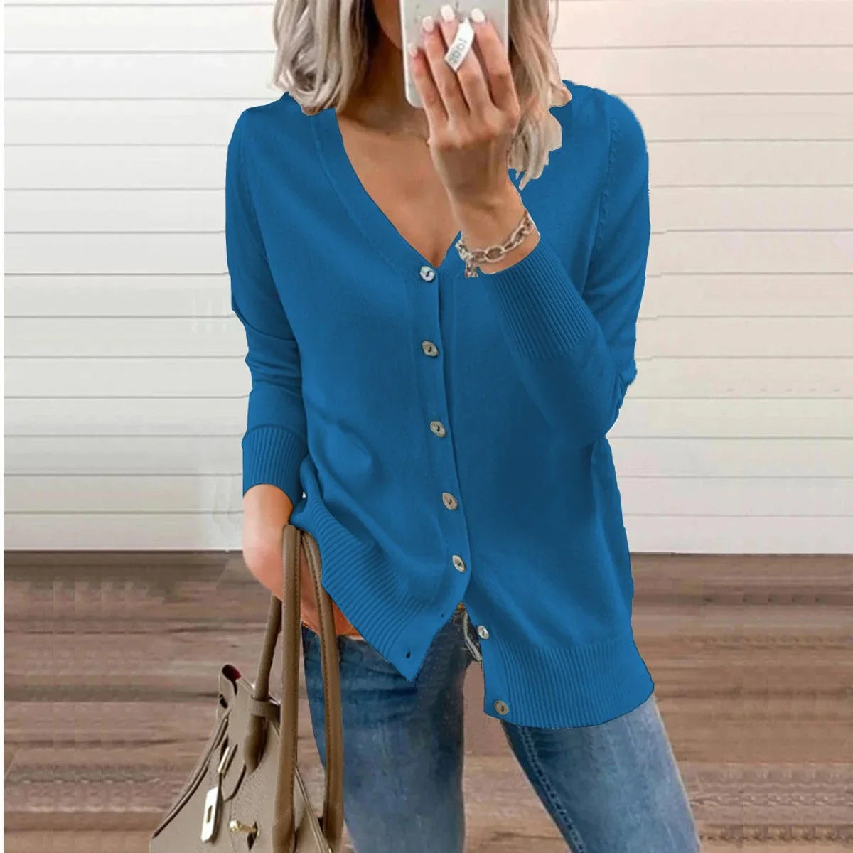 Women's V-neck button-front long sleeve knit cardigan – Blue