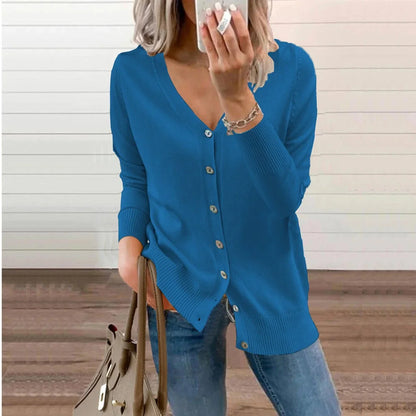 Women's V-neck button-front long sleeve knit cardigan – Blue