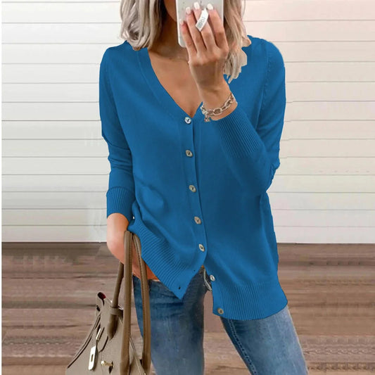Women's V-neck button-front long sleeve knit cardigan – Blue