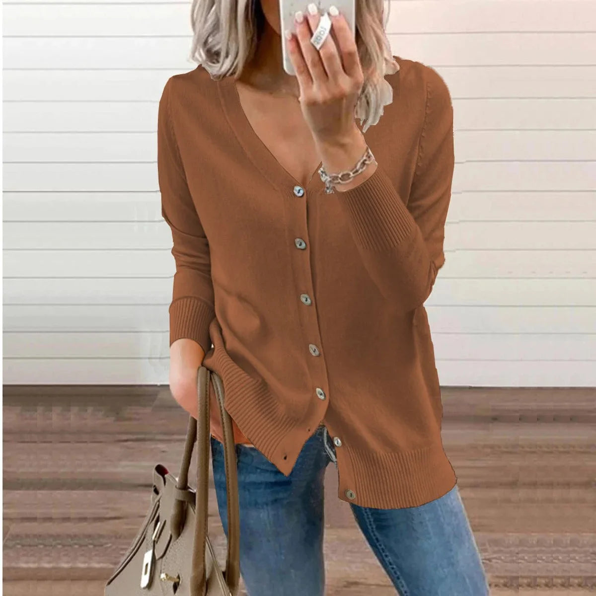 Women's V-neck button-front long sleeve knit cardigan – Brown