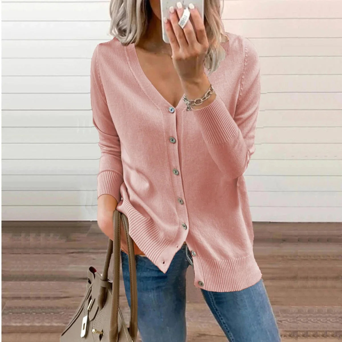 Women's V-neck button-front long sleeve knit cardigan
