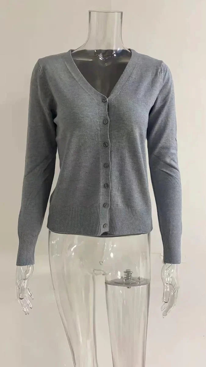 Women's V-neck button-front long sleeve knit cardigan – Gray