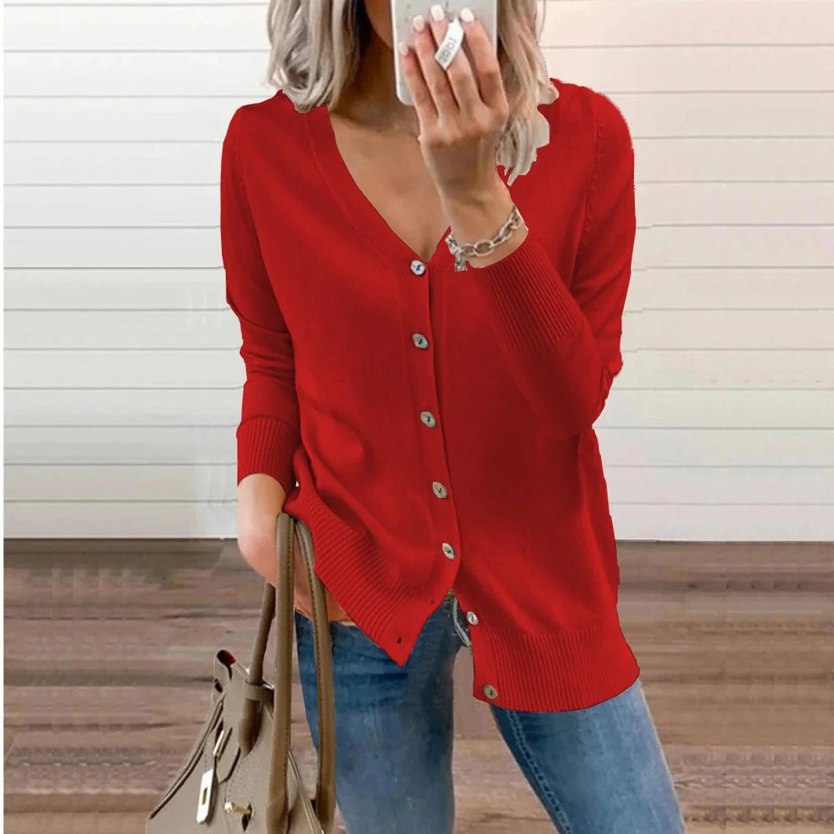Women's V-neck button-front long sleeve knit cardigan – Red