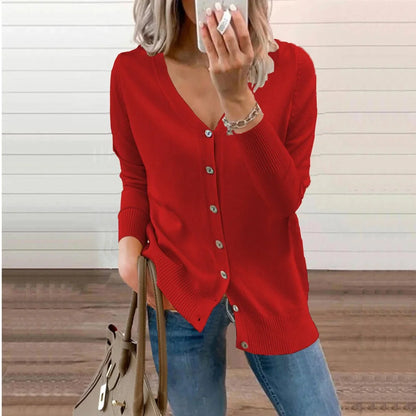 Women's V-neck button-front long sleeve knit cardigan – Red