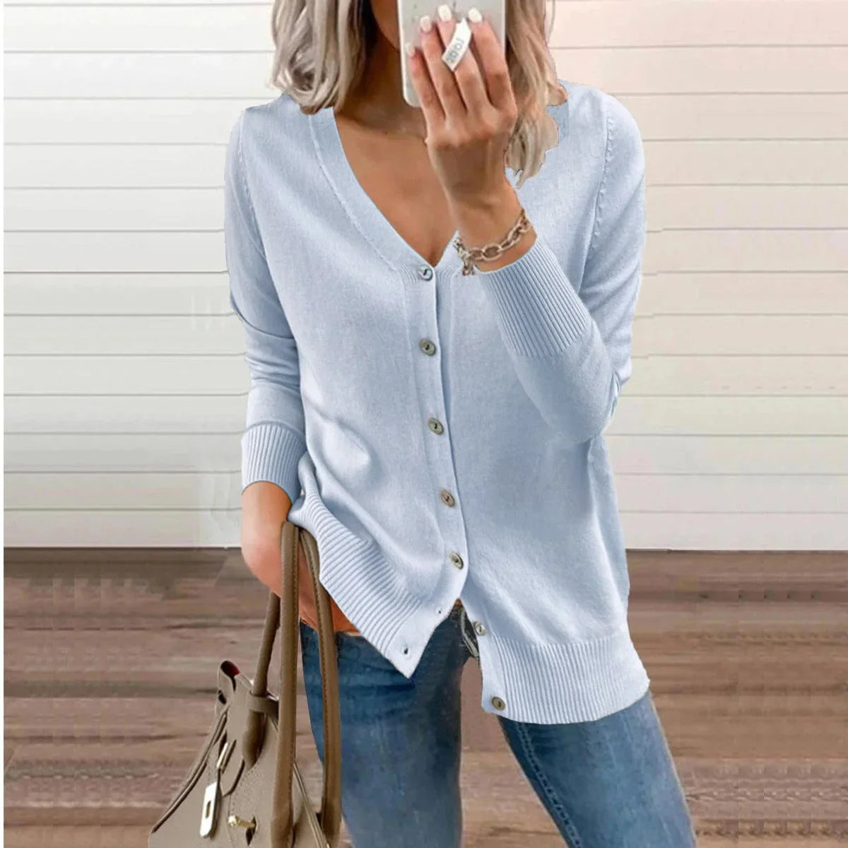 Women's V-neck button-front long sleeve knit cardigan – Sky Blue