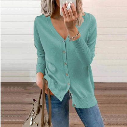 Women's V-neck button-front long sleeve knit cardigan – Teal