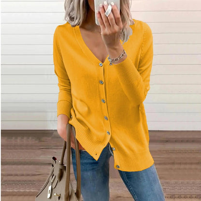 Women's V-neck button-front long sleeve knit cardigan – Yellow
