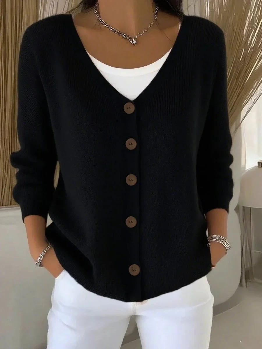 Women's V-neck button-front long sleeve knit sweater – Black