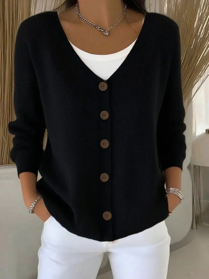 Women's V-neck button-front long sleeve knit sweater – Black
