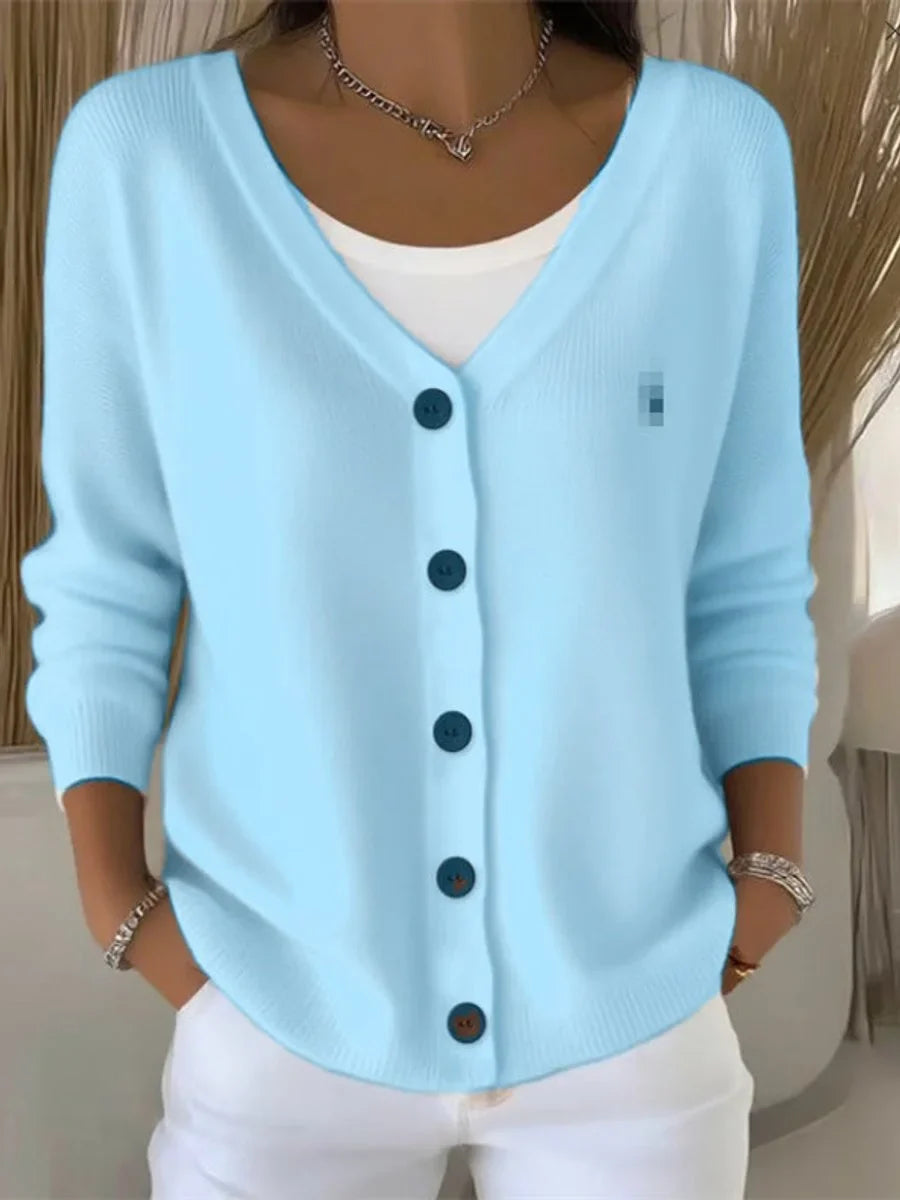 Women's V-neck button-front long sleeve knit sweater – Blue