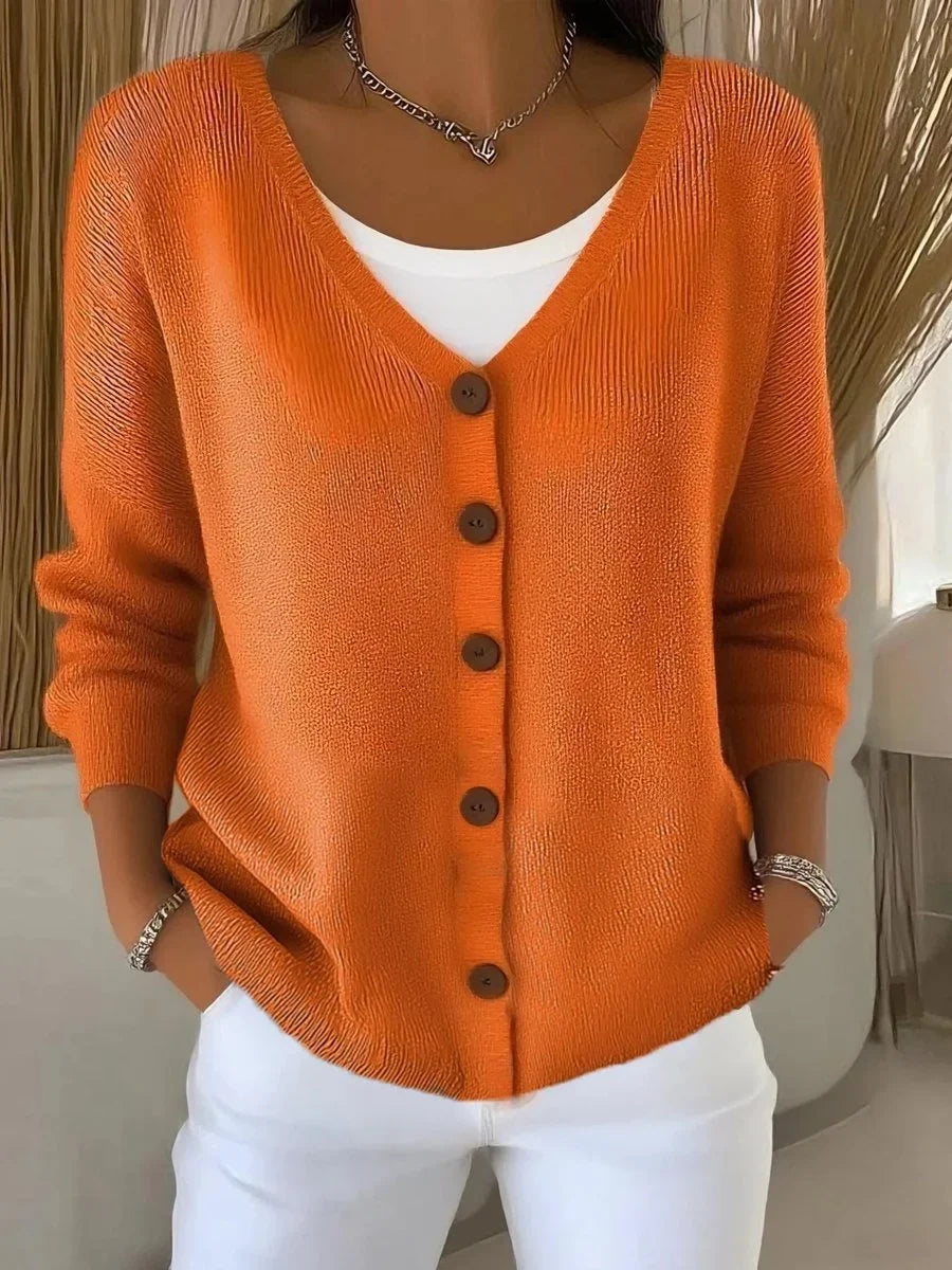 Women's V-neck button-front long sleeve knit sweater – Orange