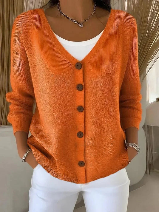 Women's V-neck button-front long sleeve knit sweater – Orange