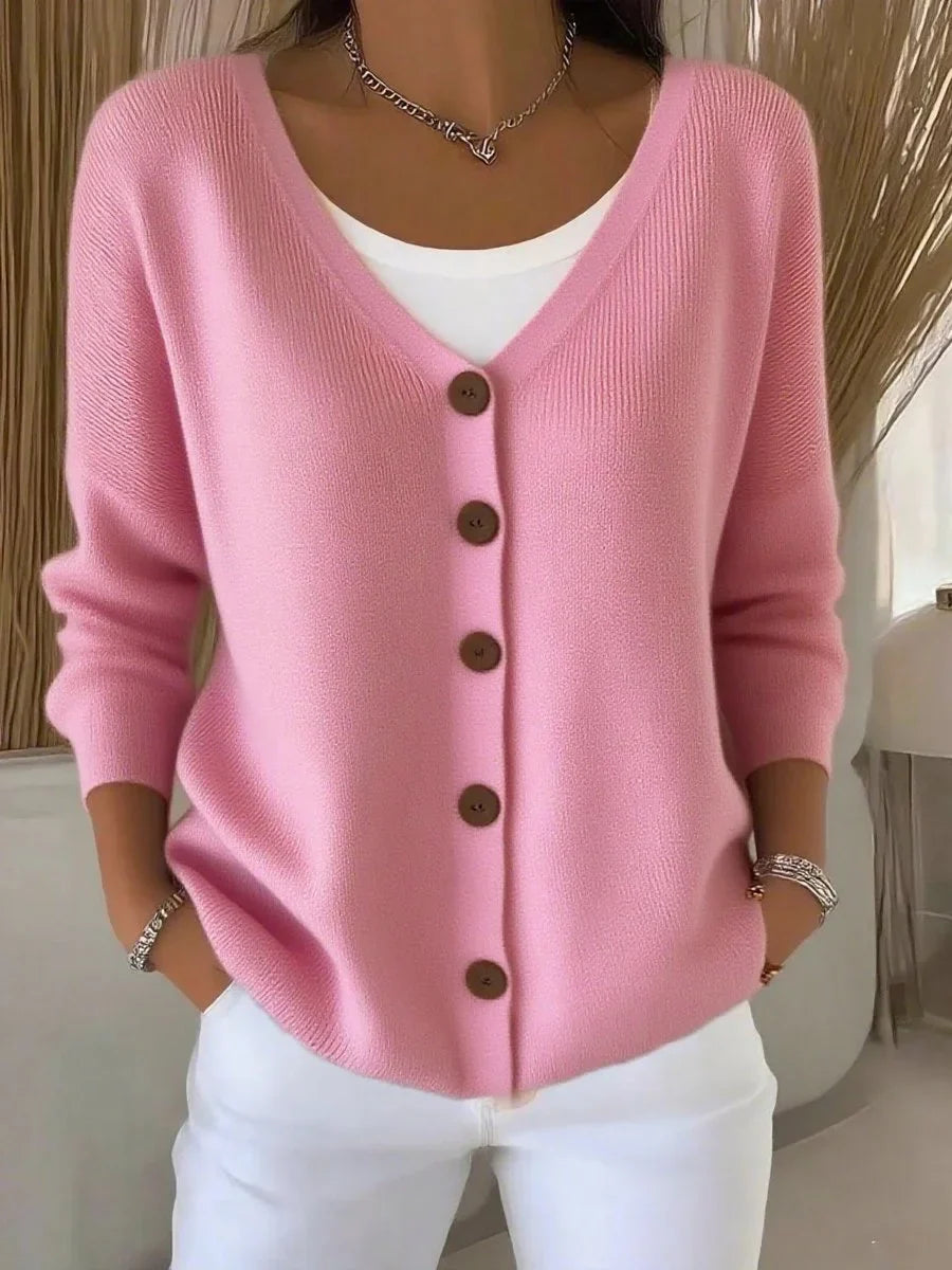 Women's V-neck button-front long sleeve knit sweater – Pink