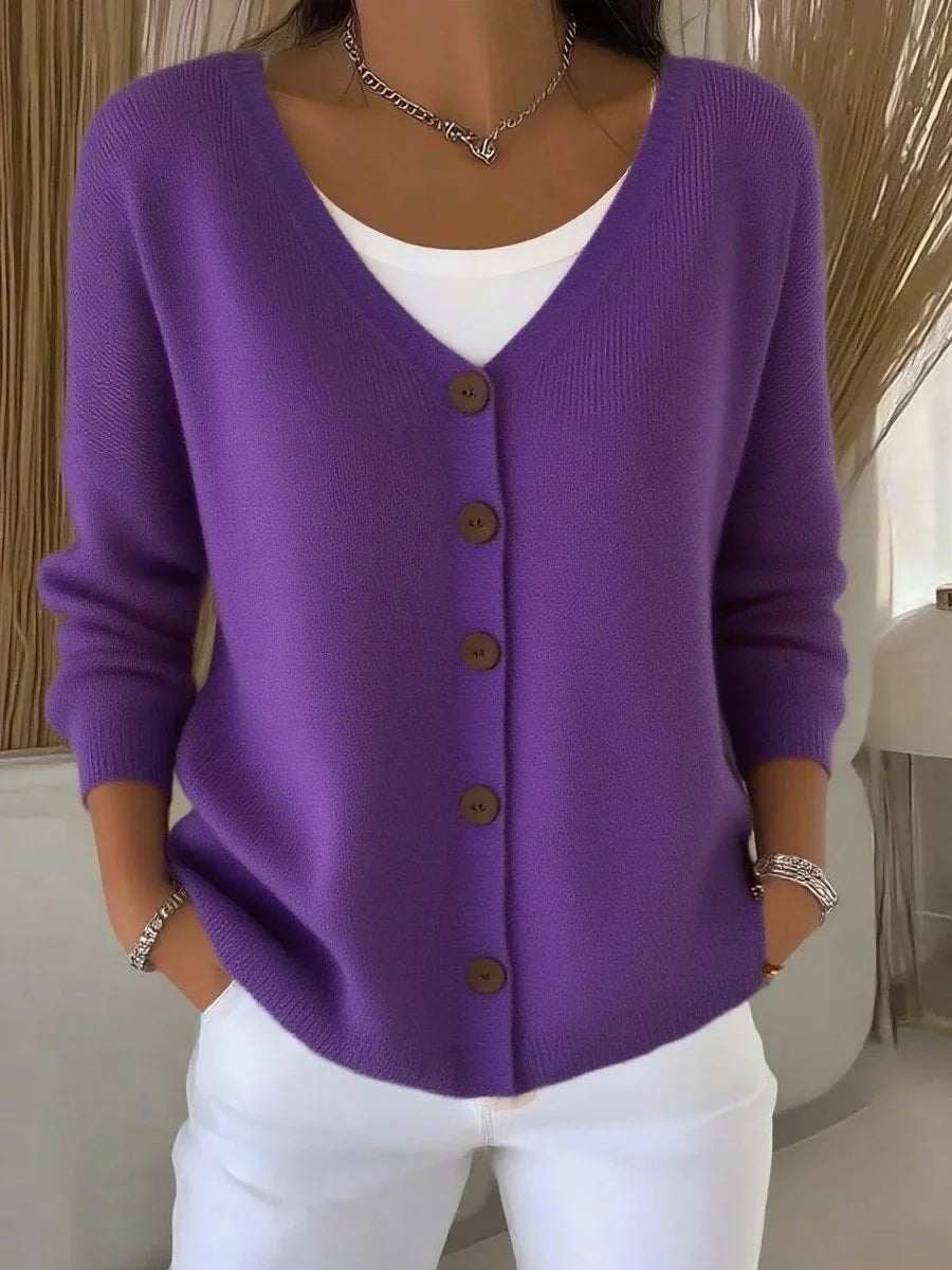 Women's V-neck button-front long sleeve knit sweater – Purple