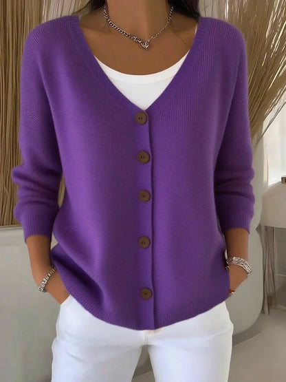 Women's V-neck button-front long sleeve knit sweater – Purple