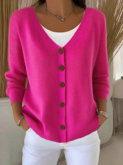 Women's V-neck button-front long sleeve knit sweater – Rose Red