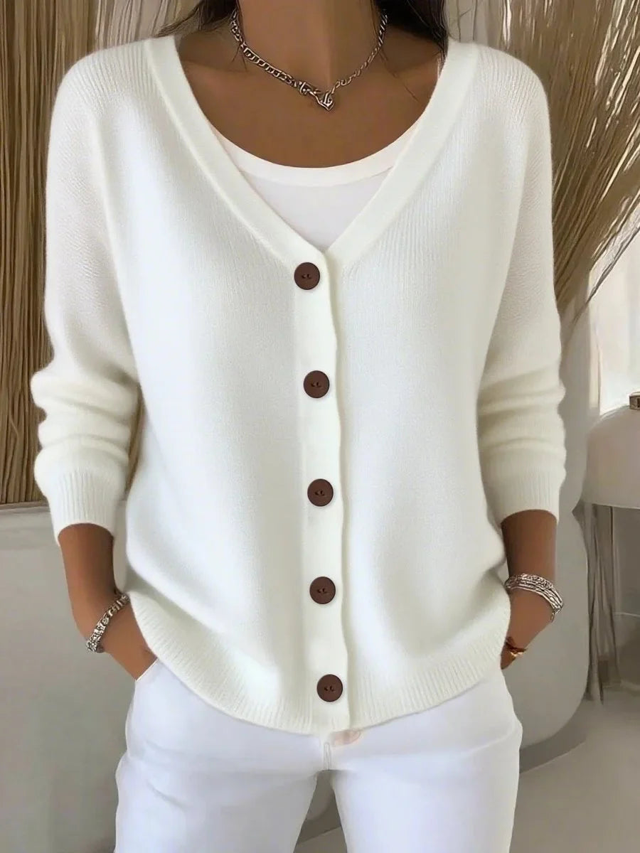 Women's V-neck button-front long sleeve knit sweater – White