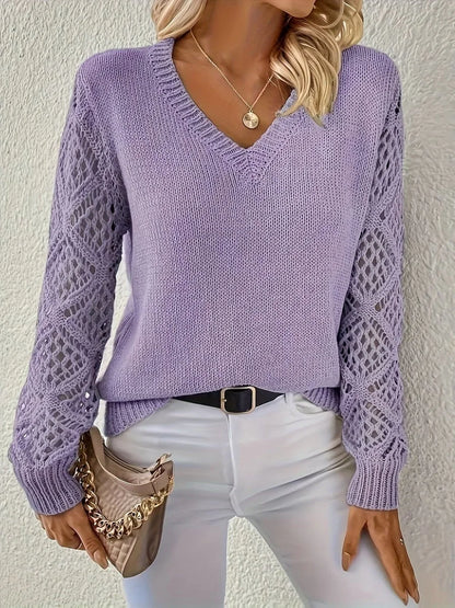 Women's V-neck hollow-sleeve pullover knit sweater