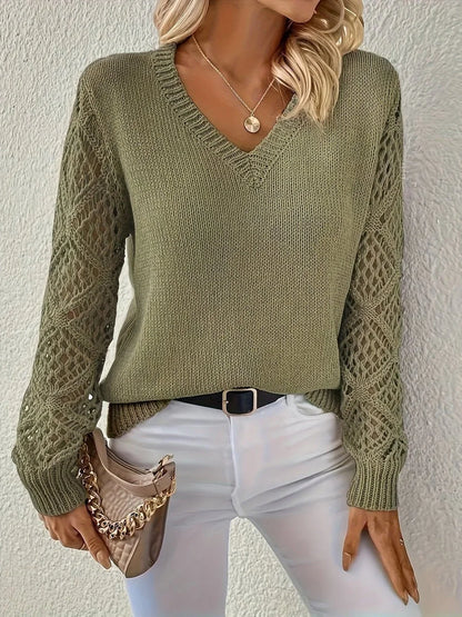 Women's V-neck hollow-sleeve pullover knit sweater – Olive Green