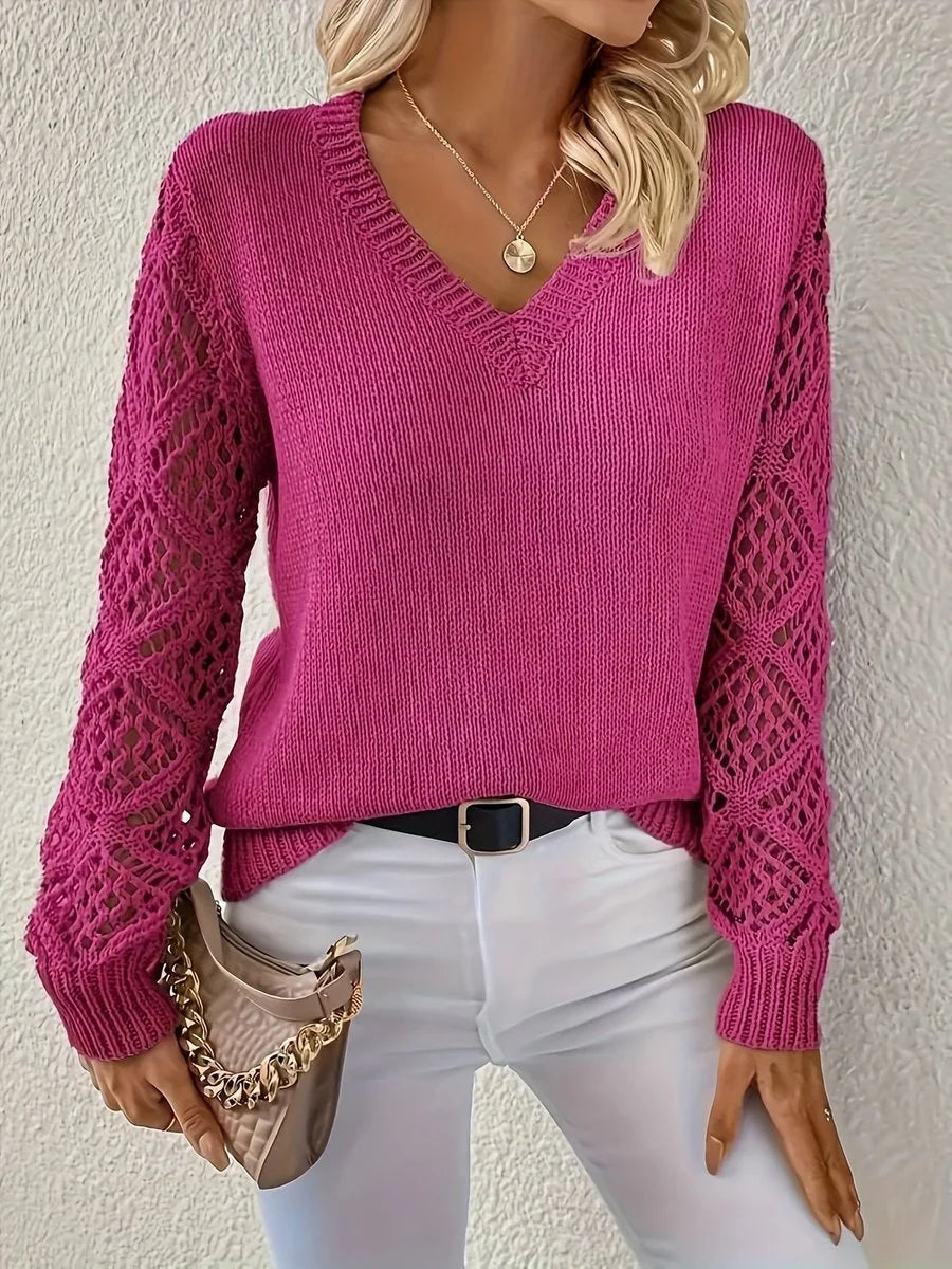 Women's V-neck hollow-sleeve pullover knit sweater – Purple