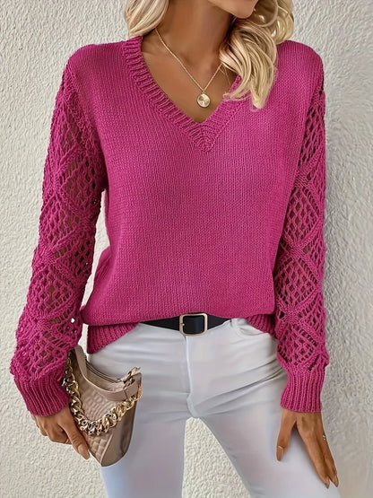 Women's V-neck hollow-sleeve pullover knit sweater – Purple