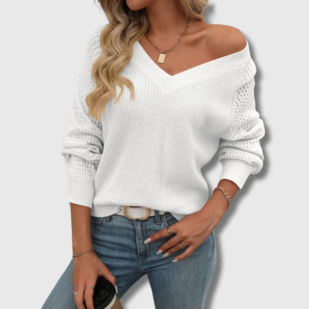 Women's V-neck knit sweater with open-knit long sleeves