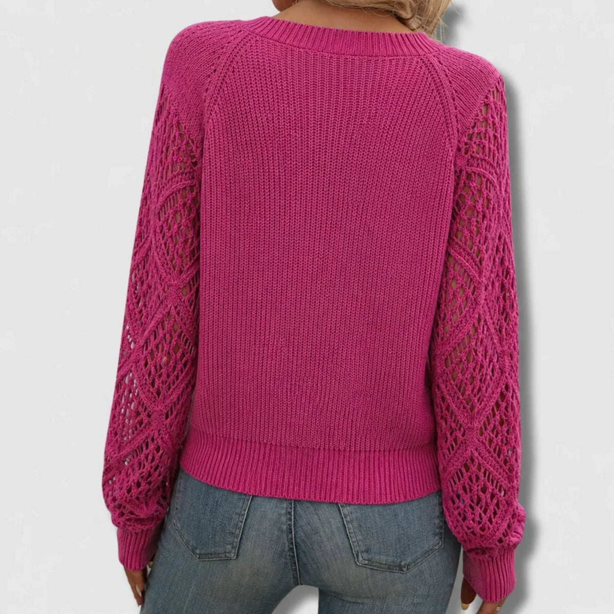 Women's V-neck knit sweater with open-knit long sleeves