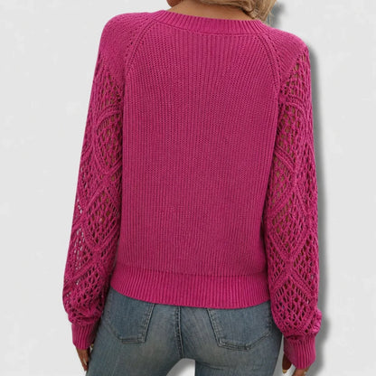 Women's V-neck knit sweater with open-knit long sleeves
