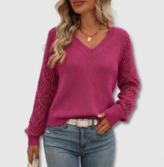 Women's V-neck knit sweater with open-knit long sleeves – Pink