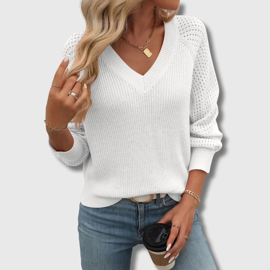 Women's V-neck knit sweater with open-knit long sleeves – White