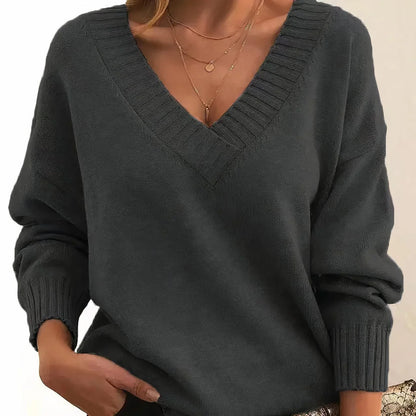 Women's V-neck long sleeve cashmere blend knit sweater – Dark Gray
