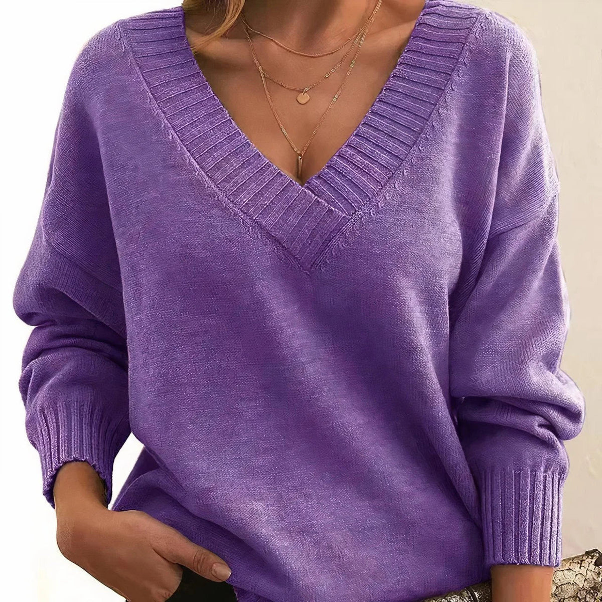 Women's V-neck long sleeve cashmere blend knit sweater – Purple