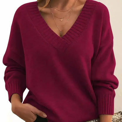 Women's V-neck long sleeve cashmere blend knit sweater – Red
