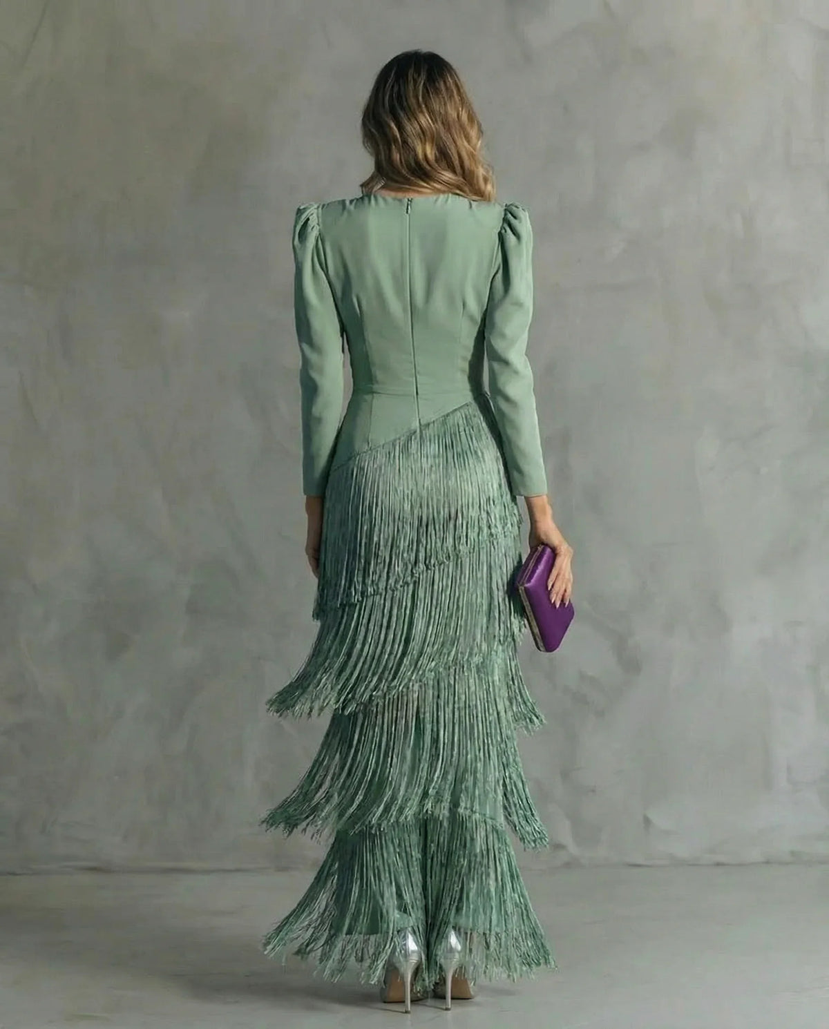 Women's V-neck long sleeve fringe maxi dress with wrap bodice