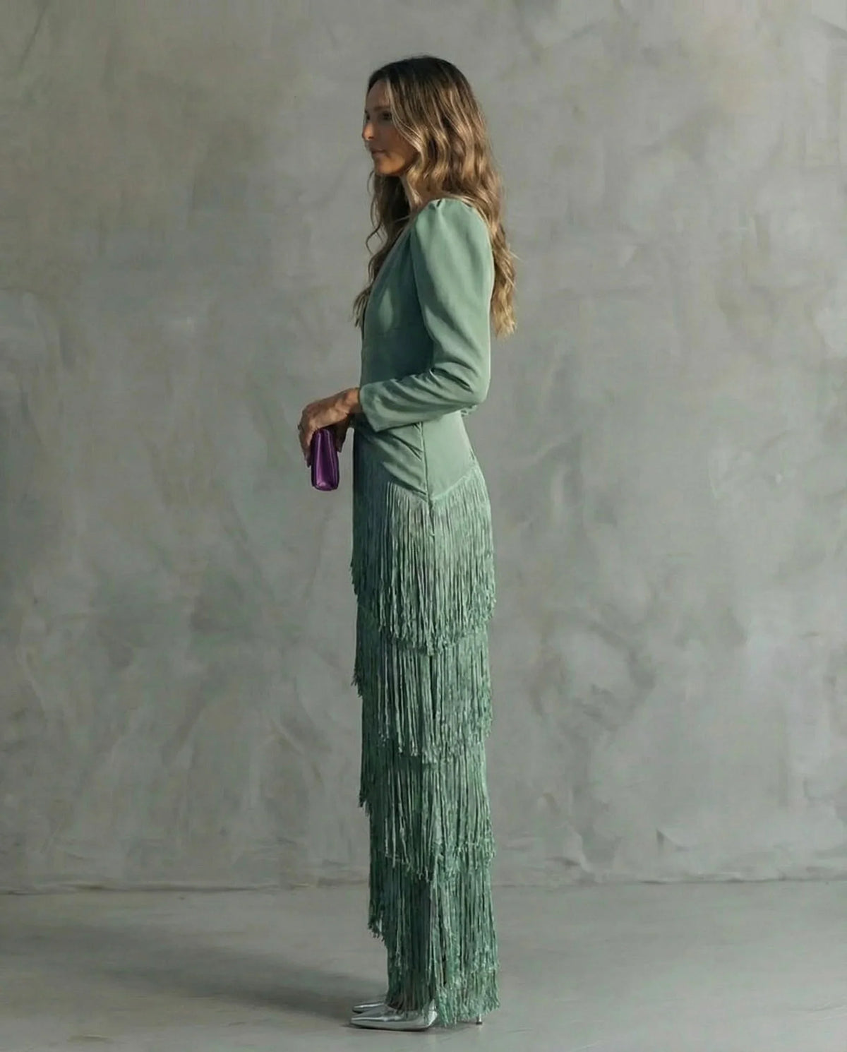 Women's V-neck long sleeve fringe maxi dress with wrap bodice