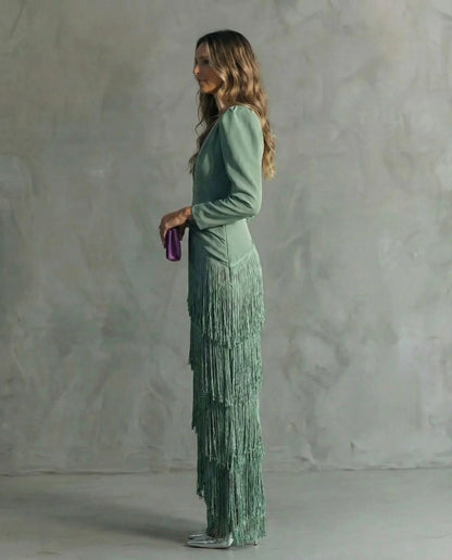 Women's V-neck long sleeve fringe maxi dress with wrap bodice