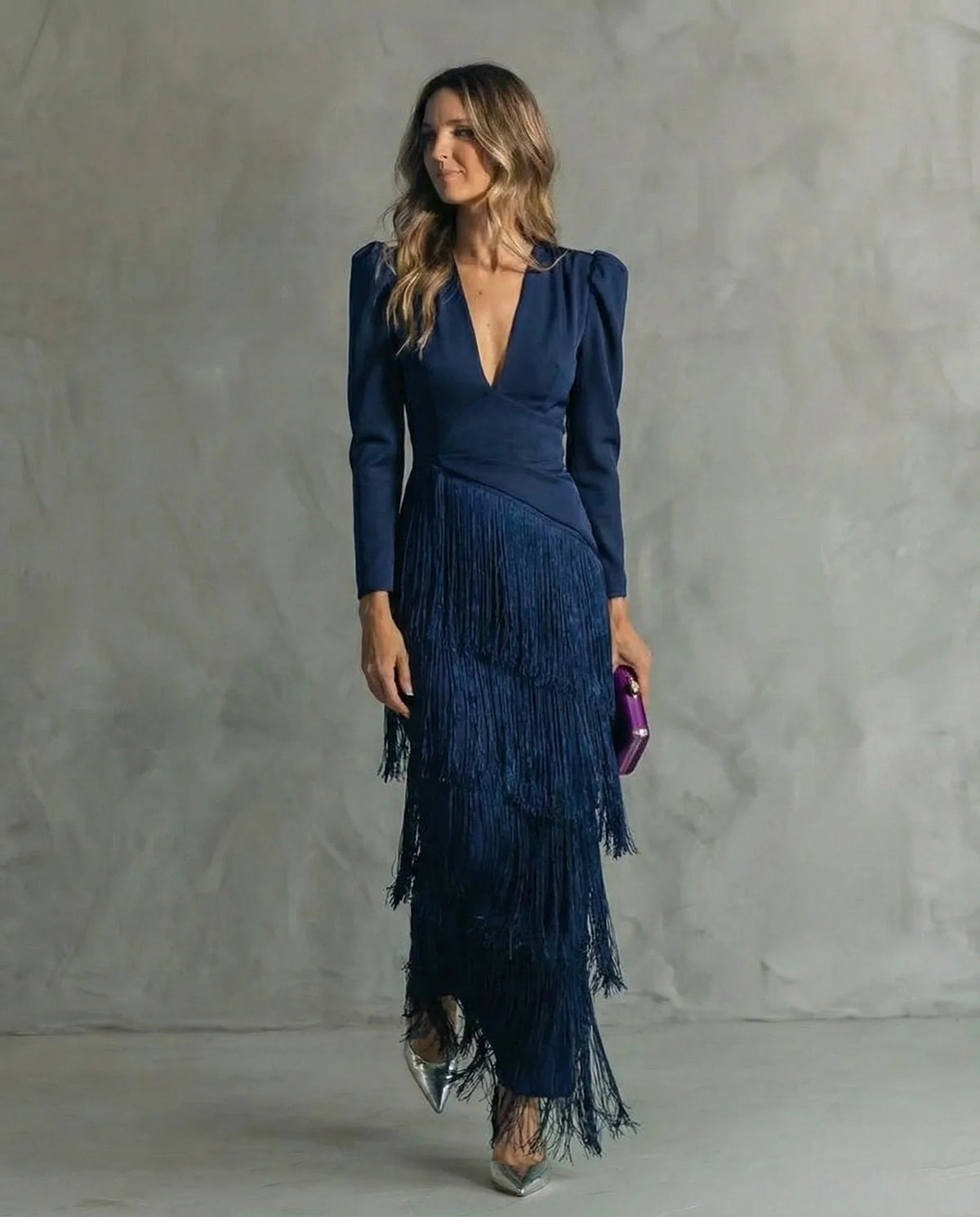 Women's V-neck long sleeve fringe maxi dress with wrap bodice – Blue