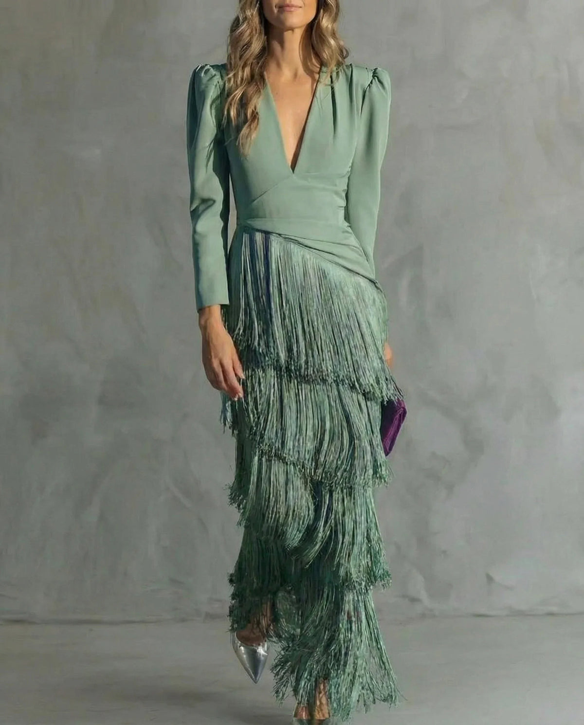 Women's V-neck long sleeve fringe maxi dress with wrap bodice