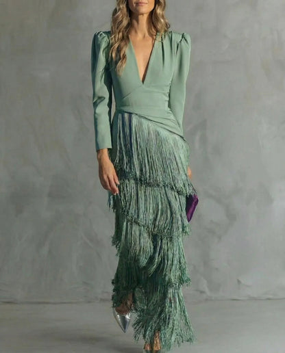 Women's V-neck long sleeve fringe maxi dress with wrap bodice