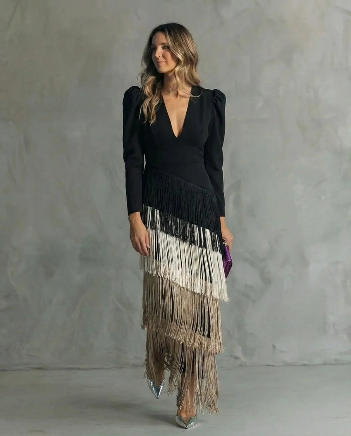 Women's V-neck long sleeve fringe maxi dress with wrap bodice – Coffee