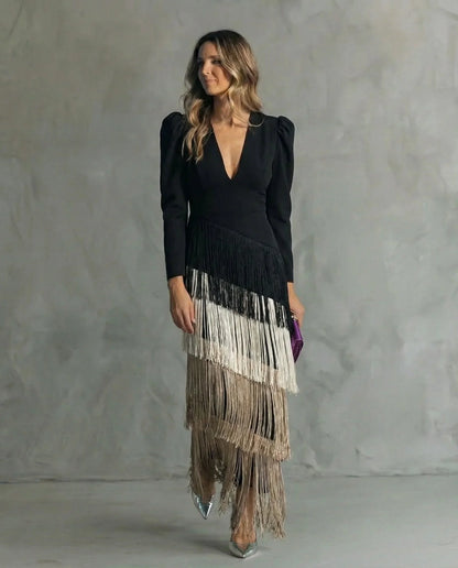 Women's V-neck long sleeve fringe maxi dress with wrap bodice – Coffee