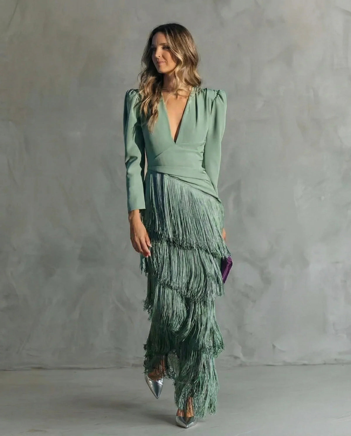 Women's V-neck long sleeve fringe maxi dress with wrap bodice – Light green